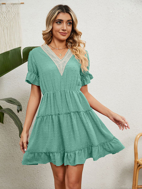 Women's Solid Color V-neck Fluttery Sleeves Ruffle Tiered Mini Dress