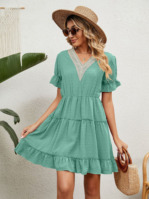 Women's Solid Color V-neck Fluttery Sleeves Ruffle Tiered Mini Dress