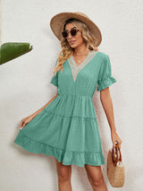 Women's Solid Color V-neck Fluttery Sleeves Ruffle Tiered Mini Dress