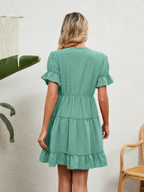 Women's Solid Color V-neck Fluttery Sleeves Ruffle Tiered Mini Dress
