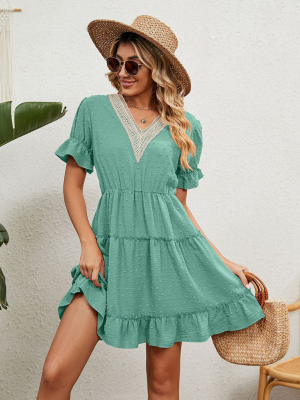 Women's Solid Color V-neck Fluttery Sleeves Ruffle Tiered Mini Dress