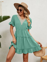 Women's Solid Color V-neck Fluttery Sleeves Ruffle Tiered Mini Dress