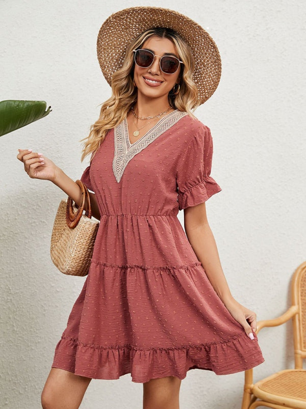 Women's Solid Color V-neck Fluttery Sleeves Ruffle Tiered Mini Dress