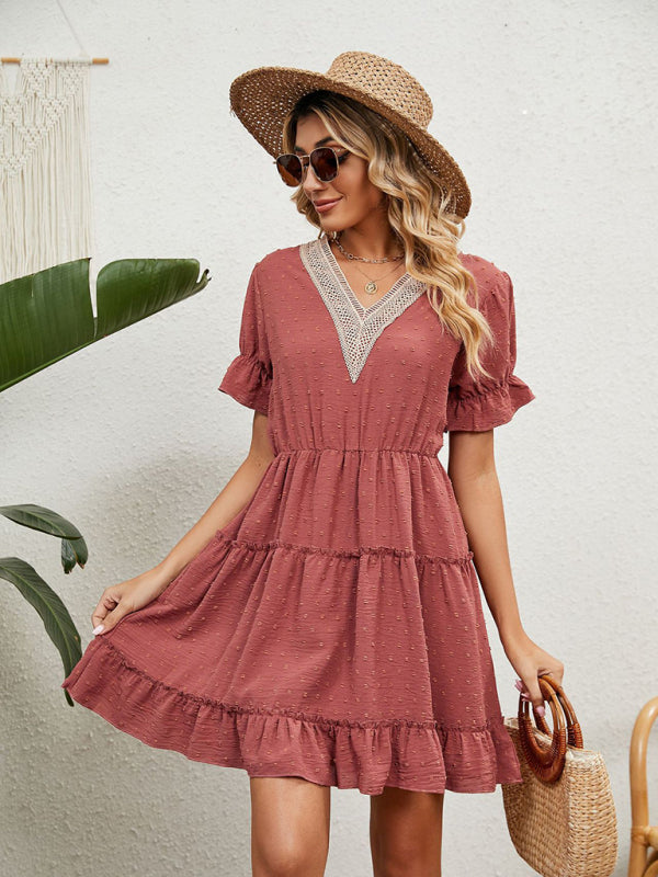 Women's Solid Color V-neck Fluttery Sleeves Ruffle Tiered Mini Dress