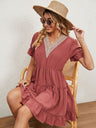Women's Solid Color V-neck Fluttery Sleeves Ruffle Tiered Mini Dress
