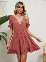Women's Solid Color V-neck Fluttery Sleeves Ruffle Tiered Mini Dress