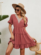 Women's Solid Color V-neck Fluttery Sleeves Ruffle Tiered Mini Dress