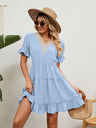 Women's Solid Color V-neck Fluttery Sleeves Ruffle Tiered Mini Dress