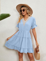 Women's Solid Color V-neck Fluttery Sleeves Ruffle Tiered Mini Dress
