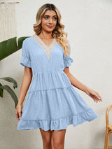 Women's Solid Color V-neck Fluttery Sleeves Ruffle Tiered Mini Dress