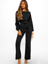 Women's Solid Color Crewneck Long Puff Sleeve Waist Tie Jumpsuit Pants