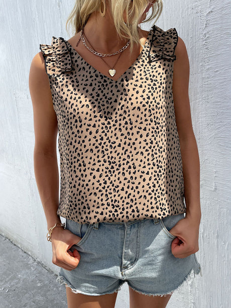 Women's V-neck Leopard Print Sleeveless Ruffle-trim Blouse