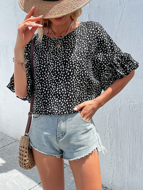 Women's Ruffle-sleeve Leopard-print Blouse