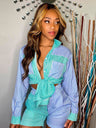 Women's Button Front Long Sleeve Striped Shirt Matching Drawstring Shorts
