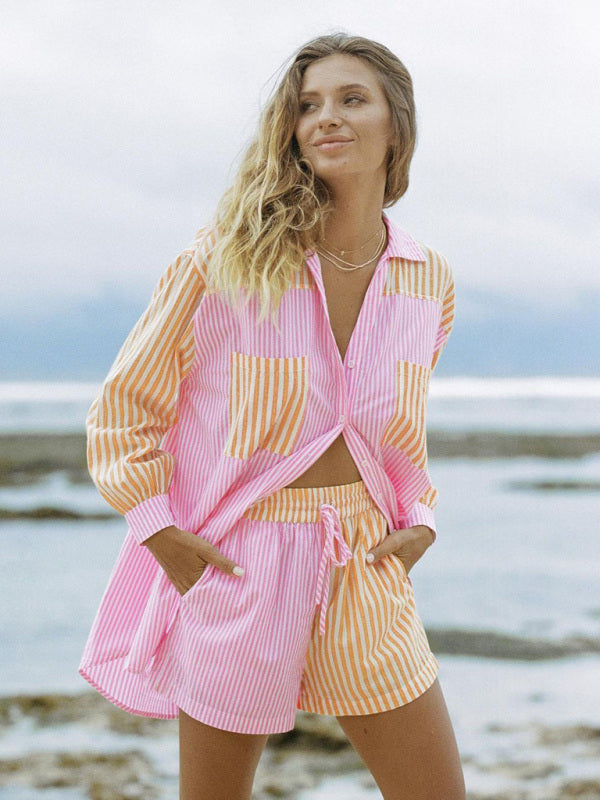 Women's Button Front Long Sleeve Striped Shirt Matching Drawstring Shorts