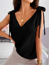 Women's Solid Color V-neck Knit Tank Top With Lace-up Bow
