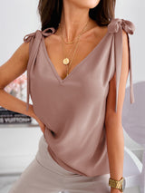 Women's Solid Color V-neck Knit Tank Top With Lace-up Bow