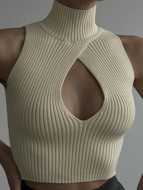Women's Solid Color Cutout Sleeveless Sleeve Turtle Neck Rib Sweater