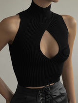 Women's Solid Color Cutout Sleeveless Sleeve Turtle Neck Rib Sweater
