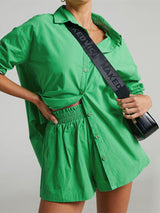 Women's Solid Color Long Sleeve Button Shirt And Matching Elastic Pull-up Short Set