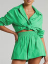 Women's Solid Color Long Sleeve Button Shirt And Matching Elastic Pull-up Short Set