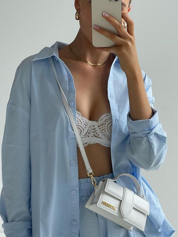 Women's Solid Color Long Sleeve Button Shirt And Matching Elastic Pull-up Short Set