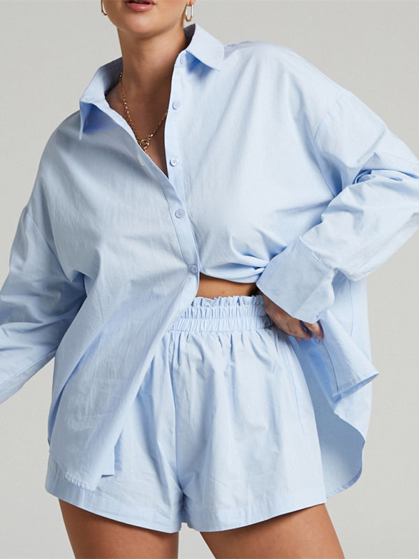 Women's Solid Color Long Sleeve Button Shirt And Matching Elastic Pull-up Short Set