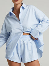Women's Solid Color Long Sleeve Button Shirt And Matching Elastic Pull-up Short Set