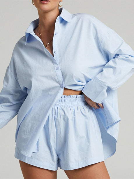 Women's Solid Color Long Sleeve Button Shirt And Matching Elastic Pull-up Short Set