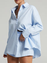 Women's Solid Color Long Sleeve Button Shirt And Matching Elastic Pull-up Short Set