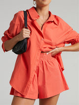 Women's Solid Color Long Sleeve Button Shirt And Matching Elastic Pull-up Short Set