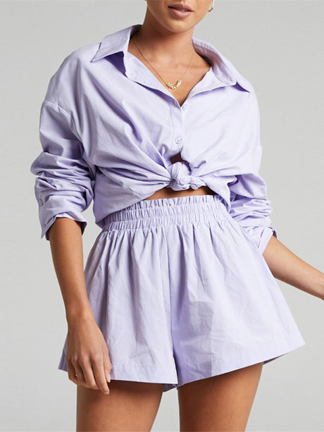 Women's Solid Color Long Sleeve Button Shirt And Matching Elastic Pull-up Short Set