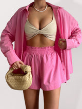 Women's Solid Color Long Sleeve Button Shirt And Matching Elastic Pull-up Short Set