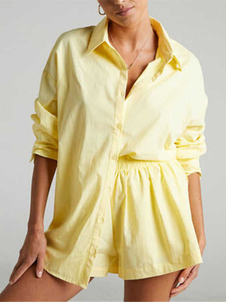 Women's Solid Color Long Sleeve Button Shirt And Matching Elastic Pull-up Short Set