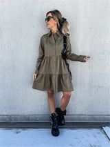 Women's Solid Color Pointed Collar Long Sleeve Button-front Tiered Mini Dress