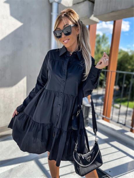 Women's Solid Color Pointed Collar Long Sleeve Button-front Tiered Mini Dress