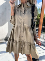 Women's Solid Color Pointed Collar Long Sleeve Button-front Tiered Mini Dress