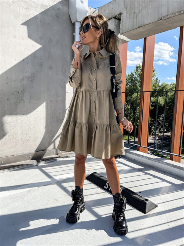 Women's Solid Color Pointed Collar Long Sleeve Button-front Tiered Mini Dress