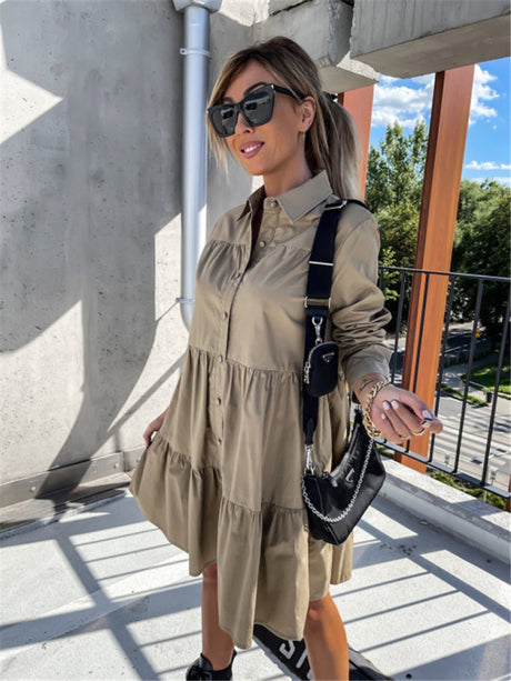 Women's Solid Color Pointed Collar Long Sleeve Button-front Tiered Mini Dress