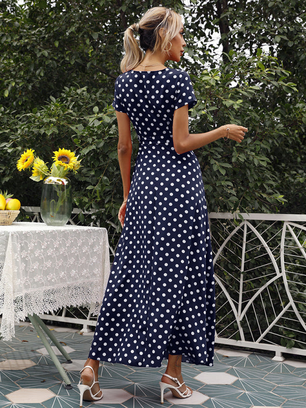 Women's Polka-dot Short Sleeve Chiffon Wrap Maxidress