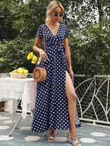 Women's Polka-dot Short Sleeve Chiffon Wrap Maxidress