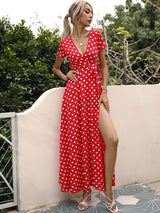 Women's Polka-dot Short Sleeve Chiffon Wrap Maxidress