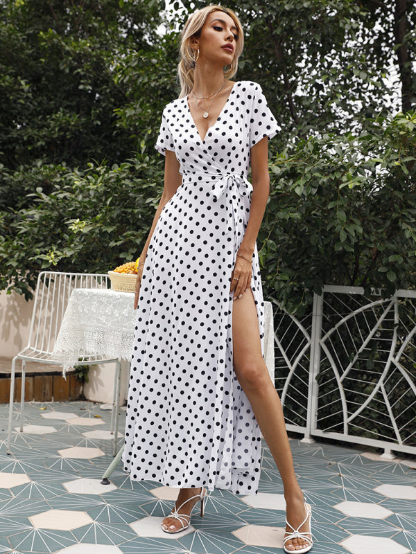 Women's Polka-dot Short Sleeve Chiffon Wrap Maxidress