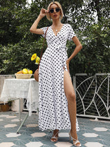 Women's Polka-dot Short Sleeve Chiffon Wrap Maxidress