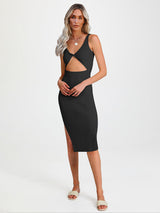 Women's Solid Color Cutout Twist Front Cocktail Slit Dress