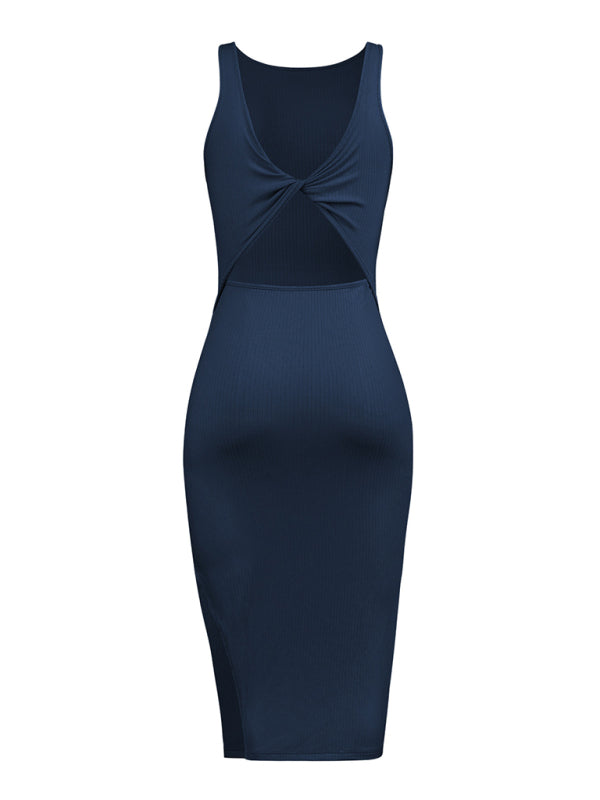 Women's Solid Color Cutout Twist Front Cocktail Slit Dress