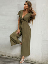 Women's Solid Color Tie Front Cutout Flutter Sleeve Crop Jumpsuit