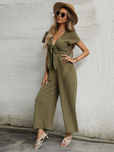 Women's Solid Color Tie Front Cutout Flutter Sleeve Crop Jumpsuit