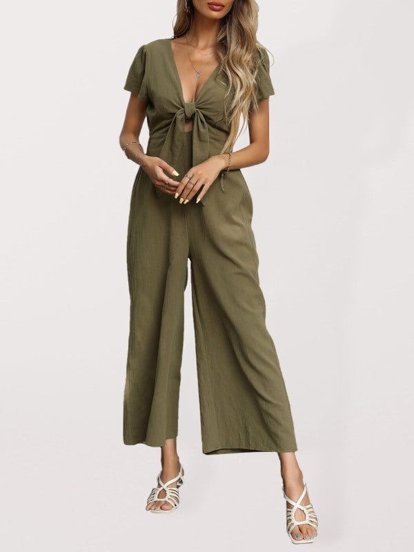 Women's Solid Color Tie Front Cutout Flutter Sleeve Crop Jumpsuit