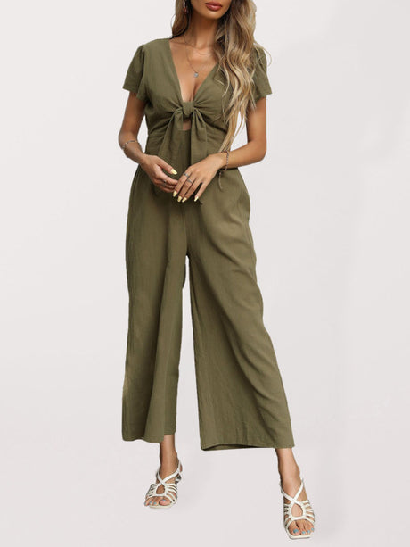 Women's Solid Color Tie Front Cutout Flutter Sleeve Crop Jumpsuit